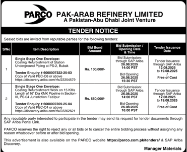 Pak Arab Refinery Limited Tender Notice